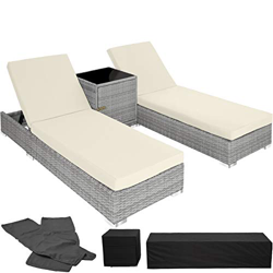 TecTake 800153 2X Tumbona Chaise Longue de Aluminio Poli Ratán + Mesa de Jardín + 2 Set de Fundas Intercambiables + Funda Completa (Gris Claro | No. 4 en oferta