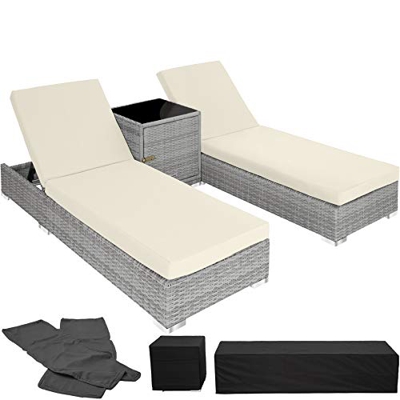 TecTake 800153 2X Tumbona Chaise Longue de Aluminio Poli Ratán + Mesa de Jardín + 2 Set de Fundas Intercambiables + Funda Completa (Gris Claro | No. 4