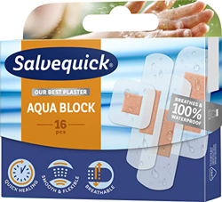 Salvequick ® | Aqua Block 16 | Tiritas 100% impermeables que permiten que la piel respire, acelera la curación y reduce el riesgo de cicatrices | 16 u características