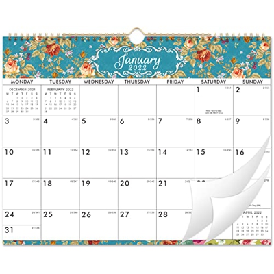 Calendario 2022 - Empieza el lunes con papel grueso 37 x 29 cm Enero de 2022 - Junio ​​de 2023 Gancho para colgar con doble alambre Bloques iguales gr