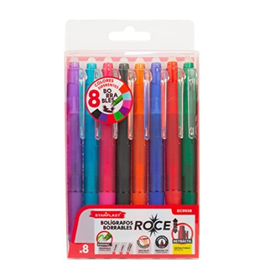 8 BOLÍGRAFOS BORRABLES STARPLAST - Set de 8 bolígrafos borrables, retráctil, 8 colores, borrador incorporado, para uso escolar.