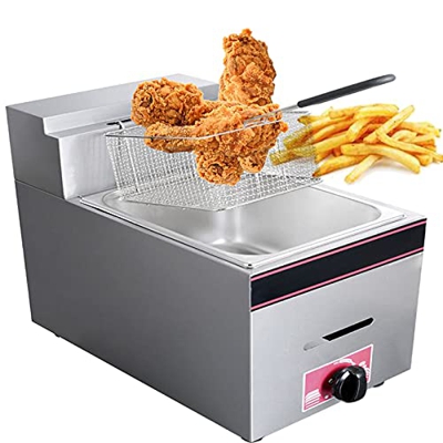 SAFGH Freidora de Gas Comercial de Acero Inoxidable de 10 l, Potencia de Fuego Ajustable y Control de Temperatura, con Canasta para freír y Tapa, para