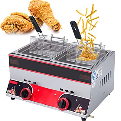 SAFGH Freidora con Control de Temperatura Independiente, freidora de Gas Comercial, freidora Doble de Gran Capacidad de 22 l, con cestas y Tapa, freid