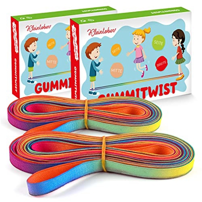 Kleintober I Pack de 2 Gomas elásticas para niños Premium I Twister I Juguete para Interior y Exterior I Banda arcoíris I con Instrucciones para Juego