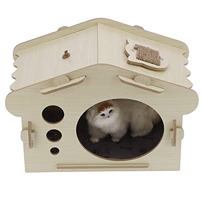 Casa para gatos, accesorio para el hogar, casa de madera transpirable para mascotas, compacta con acolchado para interiores y exteriores