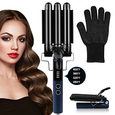 Rizador de Pelo, Rizador de 3 Tubos Rizador Rápido Plegable, Iron Wave Curler Multifunción Temperatura Ajustable 140 °C-200 °C para Rizar y Ondas un E