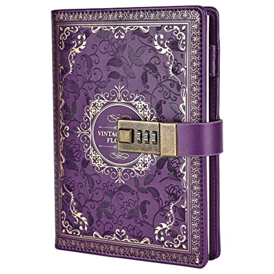 Cuaderno de diario de cuero vintage con cerradura de combinación, diario secreto de flores en relieve B6, papel rayado rayado para escribir, regalo pa