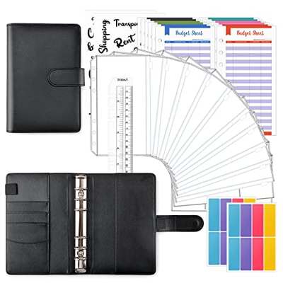 TOYESS 30Pcs Carpeta de Cuaderno A6, Archivadores Cuero de PU con 12 Bolsas Transparente, 12 Hojas de Presupuesto, Clasificador de Presupuesto para Gu