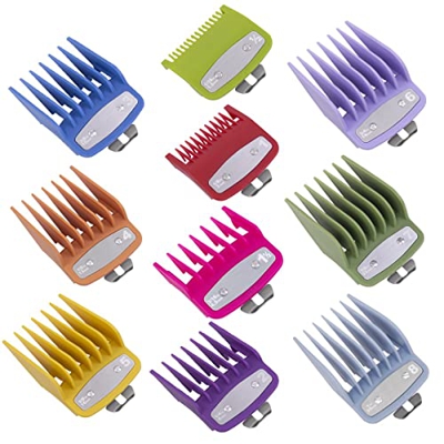Paquete de 10 guías de corte para cortaúñas Wahl con clip de metal/código de colores de 1/16 a 1 pulgada (1,5 a 25 mm), se adapta a todos los cortaúña