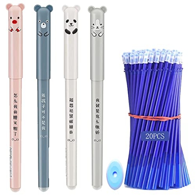 QAQHZW 4pcs Bolígrafo borrable neutro de dibujos animados lindo,Boligrafos Borrables y 20 recambios de bolígrafo, Tinta termosensible- para niños, est
