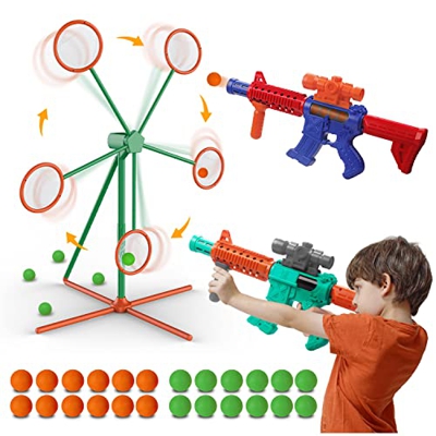 Juego de Tiro, Juguetes de Tiro al Blanco Juego de Jardín Girar Objetivo de Tiro Electrónico con 2 Piezas Lanzador Pelotas Espuma, 24 Bolas de Espuma 