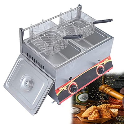 SAFGH Freidora de Gas de Gran Capacidad, freidora de GLP de Acero Inoxidable para Uso doméstico y Comercial, Potencia de Fuego Ajustable, con cestas y