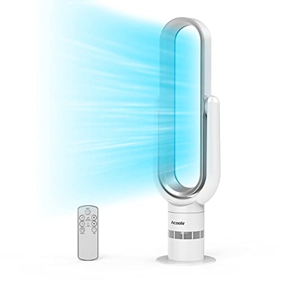 Ventilador de Torre, Ventilador Torre Silencioso Seguro sin Aspas, 10 velocidades, Oscilación de 90°, Temporizador 9H, Ventilador de Pie con Mando a D