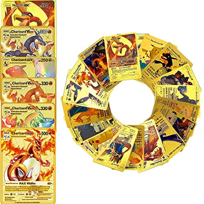 LOLY Cartas Doradas Poke, Español 55 Vmax GX EX Cartas Doradas Cartas de lámina Dorada Dragón Que Escupe Fuego Alto Ataque Sin Repetición Material de 