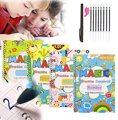 BIBODU Cuaderno caligrafía relieve surco reutilizable | Escritura creativa mágica fácil a mano en inglés para niños preescolar | Incluye 4 libros y lá