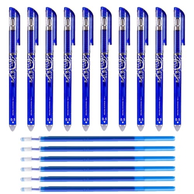 24pcs Boligrafos Borrables Azules + 15pcs Recambios de Bolígrafo Repuesto + 2 borradors diferentes para Escribir Dibujar Enseñar (Multicolores 01)