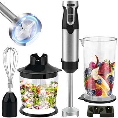 Huntertall kitchen Juego de batidora de mano 4 en 1, de acero inoxidable, 1000 W con función turbo, velocidad sin niveles, cuchillo de 4 aspas, vaso m