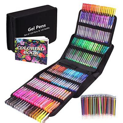 Gunsamg Juego de 240 Bolígrafos de Gel para Colorear Adultos, 120 Bolígrafos Gel de Colores con 120 Recambios de Purpurina para Niños Drwaing, Colorea
