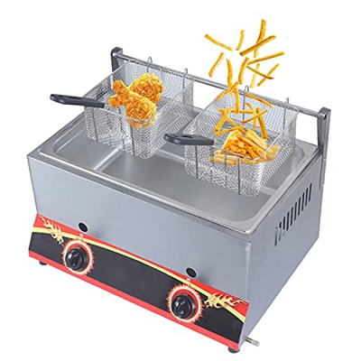 SAFGH Freidora De Gas Profesional, con Cestas Y Tapa Extraíbles, Potencia De Fuego Ajustable, Freidora De Gas Multifunción De Acero Inoxidable Grueso,