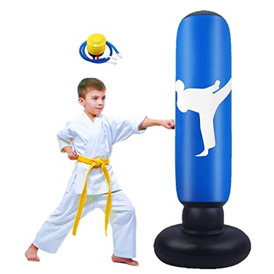 FOYOCER Saco de Boxeo Hinchable de Niños Saco de Arena Inflable de Pie para Practicar Karate MMA Bolsa de Boxeo Fitness para Nniños 61” (Azul)