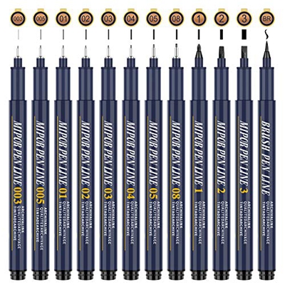 Amabur Juego de 12 bolígrafos de punta fina, 11 anchos diferentes y 1 pincel, una variedad de funciones para escribir, dibujar y pintar para estudiant