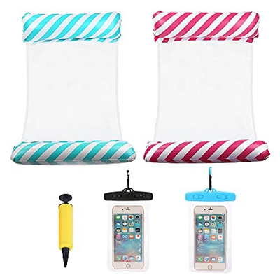 Xpsirny Hamaca Flotante Piscina, 2 Piezas Hamaca de Agua Colchoneta Piscina 4 en 1 Tumbona Hinchable para Piscina con 2 Funda Impermeable Móvil y Bomb