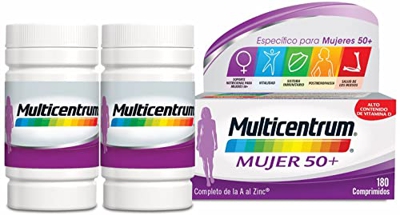 Multicentrum Mujer 50+, Complemento Alimenticio Multivitaminas con 13 Vitaminas y 11 Minerales, Sin Gluten, 180 Comprimidos