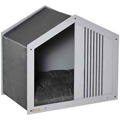 PawHut Casa de Madera para Perros Pequeños Caseta para Mascotas Interior con Cojín Acolchado Grueso Cobertura de Tela Oxford Extraíble y Ventilaciones