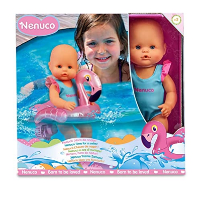 Nenuco - ¡Hora de Nadar!, muñeco bebé Nadador, con un Flotador de Flamenco con Motor Que le Hace Girar en la bañera y Piscina, Juguete Resistente al A