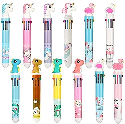 Weinsamkeit Paquete de 12 PCS 10 en 1 Bolígrafos Retráctiles Multicolores, Bolígrafo de Dibujos Animados Dinosaurio Unicornio Flamenco para Office Sch