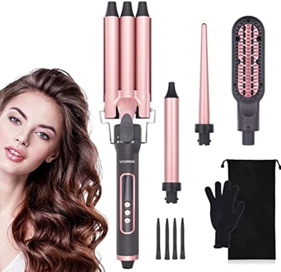 Rizador de pelo ondulado de playa, 4 en 1 barra de hierro, con 3 cilindros de rizador de pelo, cilindro conmutable, cepillo de pelo recto, calentamien