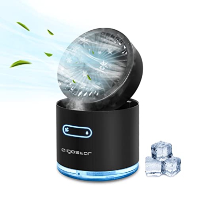 Aigostar Windgift - Mini Ventilador Nebulizador, Depósito 300ml con USB, 3 Velocidades, 7 Colores iluminación. 2 Modos de Pulverización. Ventilador mi