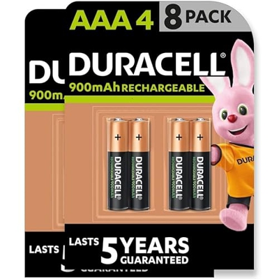 Duracell - Pilas Recargables AAA 900 mAh, Paquete de 8, Negro
