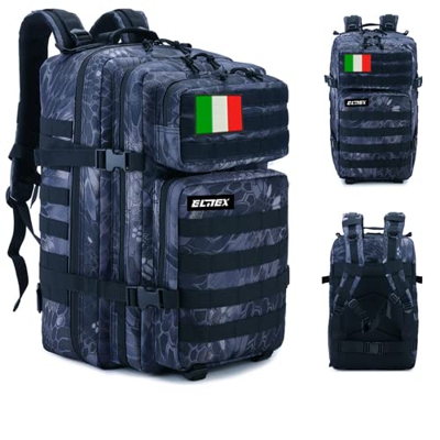 ELITEX Mochila 45L Táctica Militar Bandera Italia Impermeable Deportiva Aire Libre Bolsillos Gimnasio Portatil Oxford 900D (Negro Pitón)