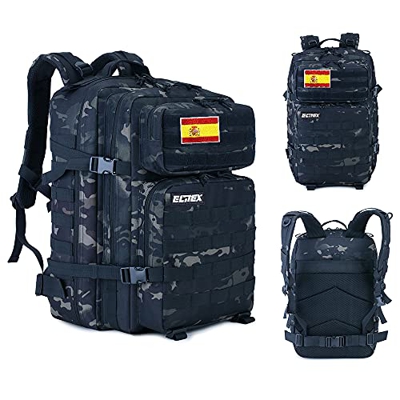 ELITEX Mochila 25L Tactica Militar Bandera España Impermeable para Deporte, Gimnasio, Aire Libre Oxford 900D (Negro Camuflaje)