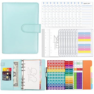 ISOI A6 Carpeta Presupuestaria, Carpeta de Cuaderno de Cuero PU Archivador Dinero, Carpeta de Presupuesto con Bolsitas Cremallera Transparente y Pegat