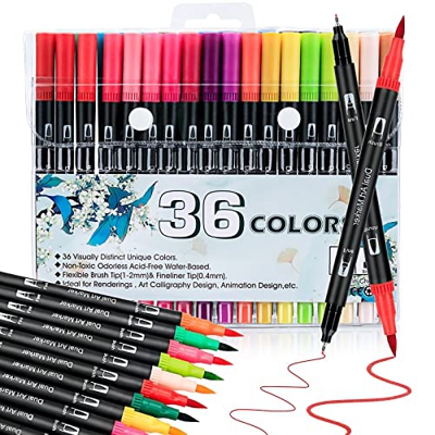 Rotuladores Lettering, Longroad 36 Colores Rotuladores Doble Punta, Punta Pincel de 2 mm y Punta Fina de 0,4 mm, Kit de Rotuladores para Niños y Adult