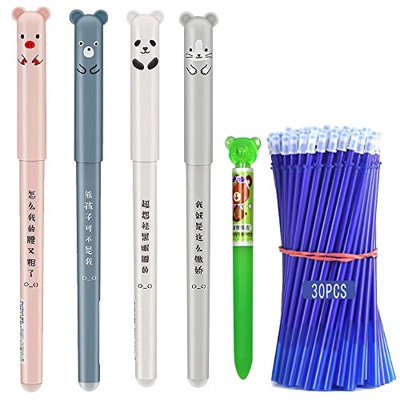 QAQHZW 4pcs Bolígrafo borrable neutro de dibujos animados lindo,Boligrafos Borrable Azul y 30 recambios de bolígrafo, Tinta termosensible- para niños,