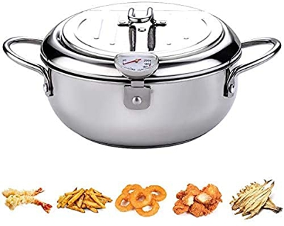 MAIGOU Olla para Freidora, Olla para Freidora De Acero Inoxidable 304 con Termómetro, Tapa, Estante para Escurridor De Goteo De Aceite, Sartén Antiadh