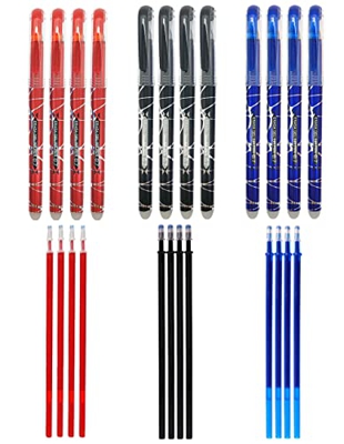 RHardware 12 bolígrafos de tinta negra, roja, azul, borrable de 0,7mm y 12 recambio de gel de bolígrafos, papelería escolar