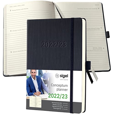 SIGEL C2301 Agenda semanal Conceptum 2022/2023 - aprox. A5 - negro - hardcover - calendario de 18 meses, dos páginas = una semana - 256 S.