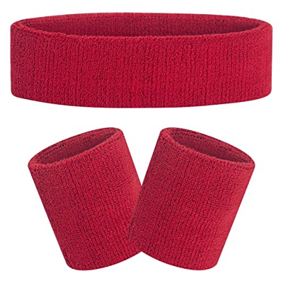 FACATH Conjunto de banda para el sudor de color rojo, conjunto de muñequeras de tela de rizo, ejercicio atlético, baloncesto, muñequera, diademas