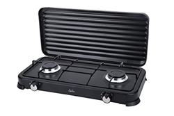 JATA JECG2702 - Cocina de gas portátil de 2 fuegos con parrilla. Apta para butano y propano. Con tapa protectora extraíble. Ideal para camping. Ocupa  características