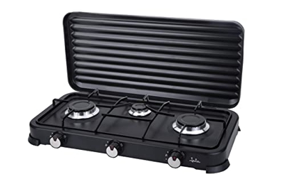 JATA JECG2703 - Cocina de gas portátil de 3 fuegos con parrilla. Apta para butano y propano. Con tapa protectora extraíble. Ideal para camping. Ocupa 