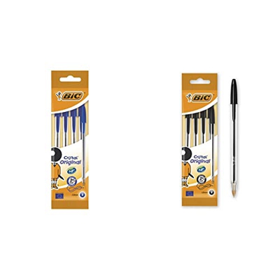 BiC Cristal medium Bolígrafo de punta redonda, color azul, pack de 4 unidades + Cristal Original Bolígrafo de punta redonda, color negro, pack de 4 un