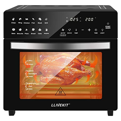 LLIVEKIT Horno de Aire Caliente Freidora de Aire sin Aceite con Luz 26L 1700W Aerofreidora con 12 Programas Pantalla LED Táctil Control de Temperatura