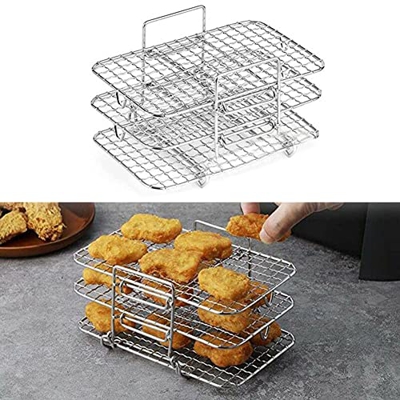 Emiif Estante deshidratador de 3 capas, estante freidora de aire para freidora de aire doble, estante de tostada de múltiples capas de acero inoxidabl