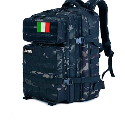 ELITEX Mochila 45L Táctica Militar Bandera Italia Impermeable Deportiva Aire Libre Bolsillos Gimnasio Portatil Oxford 900D (Negro Camuflaje)