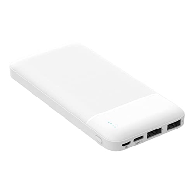 Batería de emergencia blanca 10.000 mAh [Travel Power Bank Externo] Salida 2 puertos USB-A