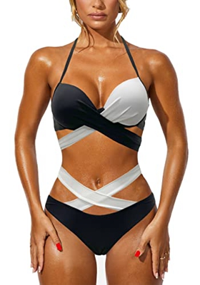 Trajes de Baño Bikinis Brasileño Mujer de Dos Piezas Bañadores Brasileno Doble Frontal Cruzada Traje de Baño Bikini Triangulo Push Up (Negro-Blanco, S